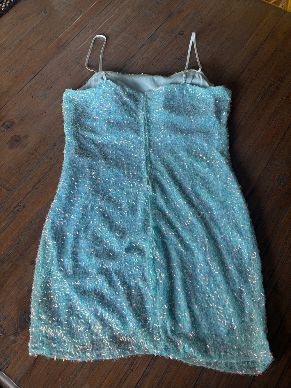 Midnight Doll size L Light Blue Sequin Spaghetti Strap Dress - Picture 9 of 16